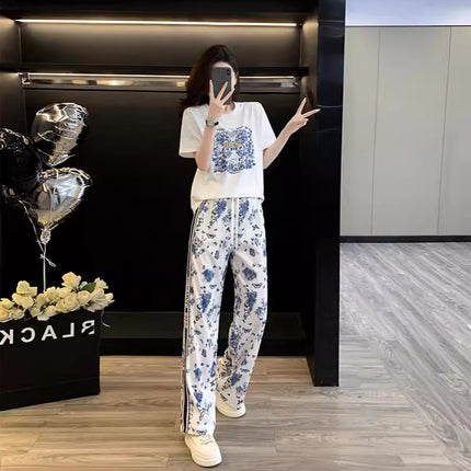 Fashionable Age-reducing Casual suit Women Blue and White Porcelain Printed Butterfly High-end Fashion Sports Casual suit Women
