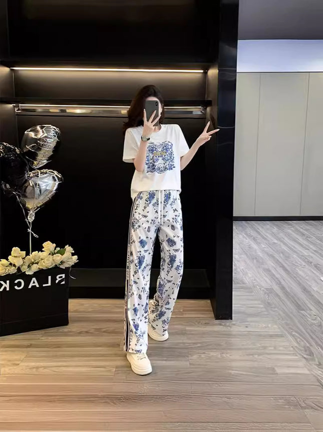 Fashionable Age-reducing Casual suit Women Blue and White Porcelain Printed Butterfly High-end Fashion Sports Casual suit Women