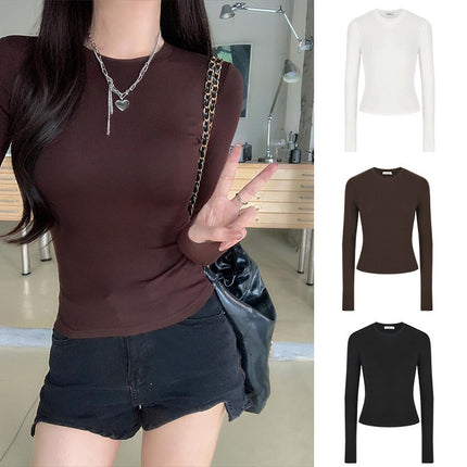 Foreign Trade Hot Girl Waist-Cinching Long-Sleeve T-Shirt for Women, Spring and Autumn Solid Color Slim-Fit Versatile Base Shirt, White Top