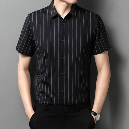 Summer New Vertical Striped Shirt for Men, Short-Sleeved Business Casual High-Elastic Seamless Shirt, Slim Fit Light Business