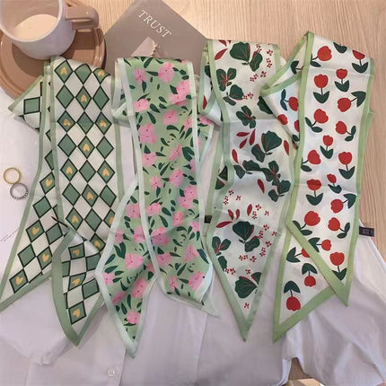 Long Small Silk Scarf Women's Green Style Small Fresh Ribbon Hair Band Tie Hair Binding Bag Decorative Long Professional Scarf