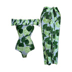 Green off-shoulder one-piece bikini + gauze skirt / S