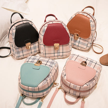 Small School Bag 2024 Korean Style Fashionable Small Backpack Satchel Shoulder Crossbody Bag Contrasting Color Mobile Phone Bag Pu Plaid Backpack