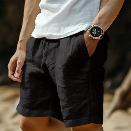 New Cross-Border Cotton and Linen Shorts with Drawstring Elastic Waist, Straight-Leg, Solid Color, Breathable, Everyday Beach Casual Mid-Length Shorts