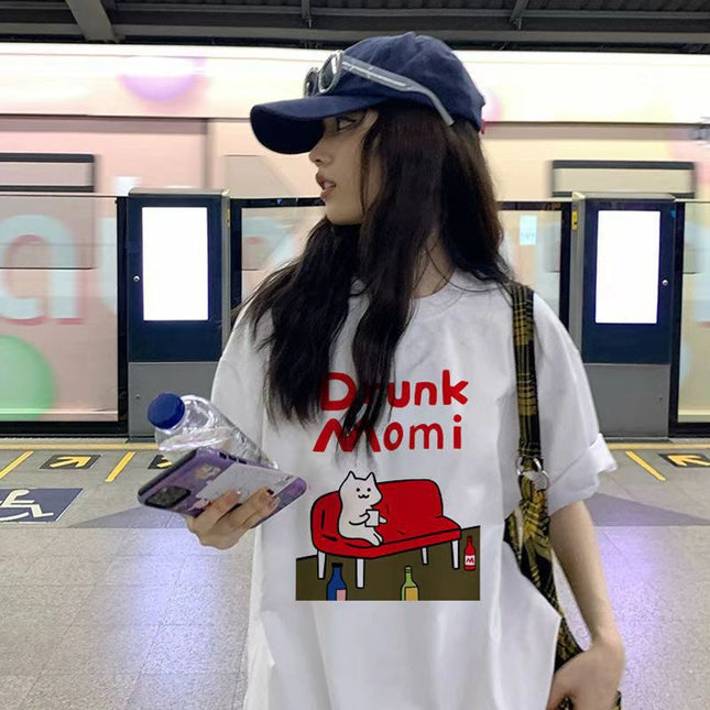 Cat Print Short-Sleeved Women's Hong Kong Style T-Shirt Casual Loose Fashion Ice Silk Cool Lazy Style Top Casual and Versatile