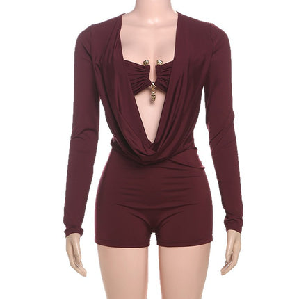 Amazon Foreign Trade Best-Selling Women's Solid Color Long-Sleeved Swing Collar Cut Out Accessible Luxury Sexy Sexy Nightclub Slim Jumpsuit