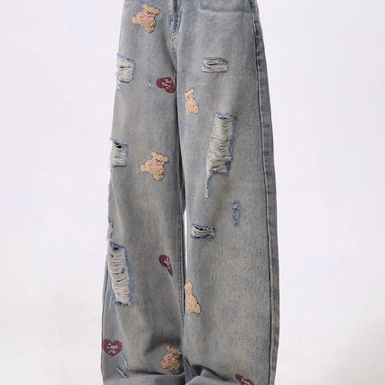 Fun Cartoon Bear Embroidered Ripped Jeans for Women Retro Washed High Waist Slim Loose Floor-Length Wide Leg Pants