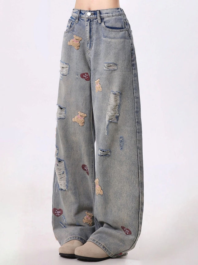 Fun Cartoon Bear Embroidered Ripped Jeans for Women Retro Washed High Waist Slim Loose Floor-Length Wide Leg Pants