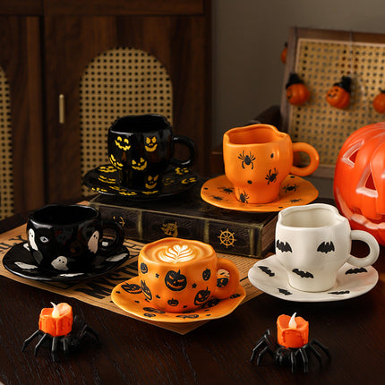 Creative Halloween-Themed Ceramic Cup and Saucer, Irregular Personalized Coffee Cup and Saucer with Pumpkin and Bat Patterns