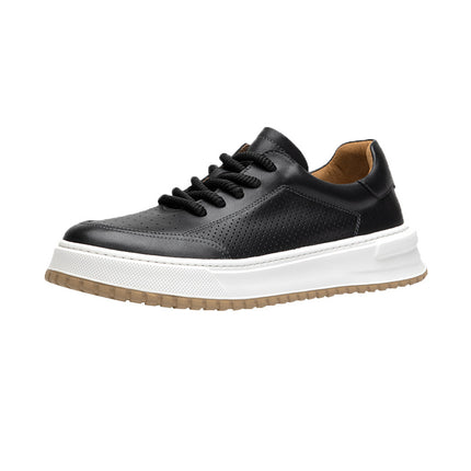 New White Shoes Men's Shoes Fashionable Casual Leather Breathable Hollow-out Low-top Shoes All-match Lightweight Board Shoes with Elevated Thick Sole