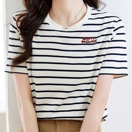 Korean Style Fashionable Half-Sleeved Women's Summer Black and White Stripesd Short-Sleeved T-Shirt Hong Kong Style Stitching Contrasting Color Bottoming Top Ins Half-Sleeved