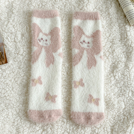 Mink velvet socks for women autumn and winter thickened warm cute home cartoon plush sleeping floor mid-calf confinement socks