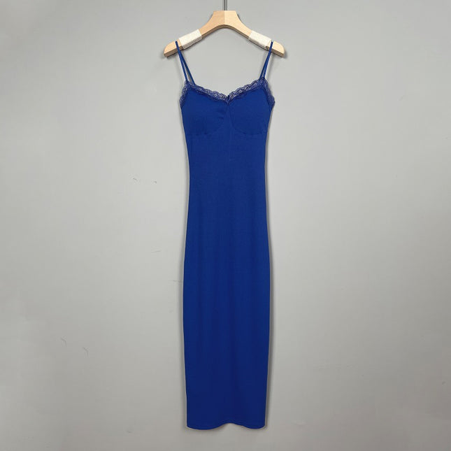 South Korea Dongdaemun Tight Sexy Padded Chest Backless Figure Low-cut Lace Long Split Sling Dress for Women