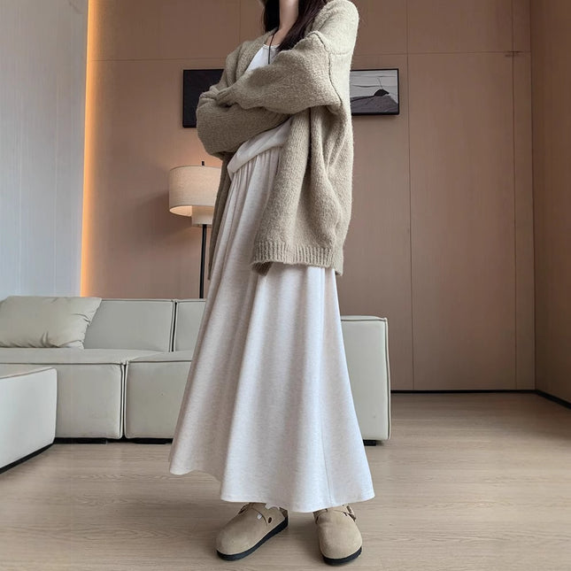 Grey Glutinous Rice Skirt Women's 2024 New High Waist Large Swing Skirt A- line Slimming Long Skirt Autumn and Winter Skirt
