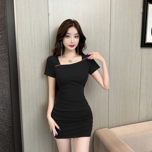 New 9174 Pure Desire Sexy Short Sleeve Dress for Women Nightclub Foot Bath Technician Waist Slimming Pleated Hip Wrap Short Dress