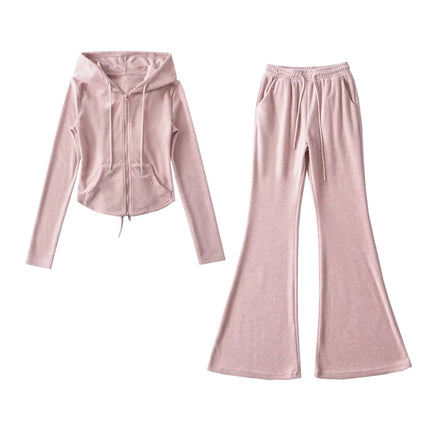 Hot girl waist lace-up hooded sweater jacket high waist stretch slim mop flared pants sports casual suit women