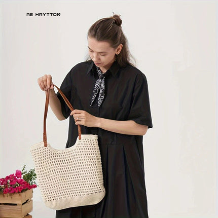 All-Match High-Grade Straw Woven Bag Cotton Bag Handmade Woven Bag Large Capacity Beach Bag Shoulder Bag Tote Bag Women