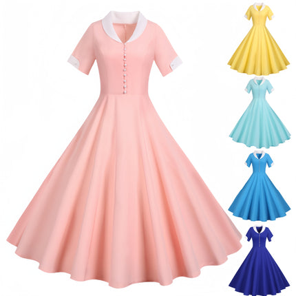 Cross-border Foreign Trade Retro Hepburn Style European and American Summer New Short-sleeved Suit Collar Solid Color Casual Large dress