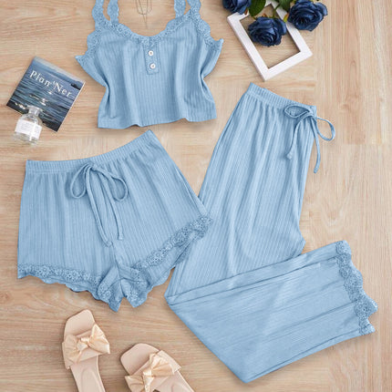 Lace Trim Three-Piece Set: Camisole, Shorts, Long Pants, Women's Slim-Fit Loungewear, Brushed Sleepwear