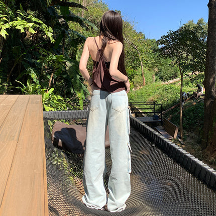 Multi-pocket Denim overalls women's 2025 spring and autumn new straight tube loose high waist drape slim mop pants