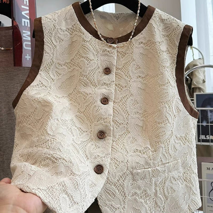 Super Good-looking Light Luxury Chanel Style Lace Outer Wear Round Neck Sleeveless Vest Women's Spring and Autumn Waistcoat Top