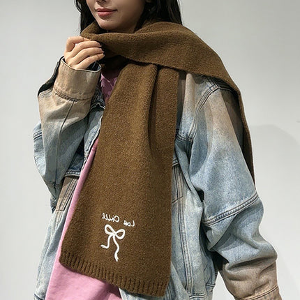 Japanese Style Cute Bow Scarf Winter Women's New Style Atmosphere Cold-proof Warm Neck Knitted Scarf Embroidery