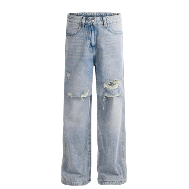 Vintage High Street Trendy Brand Washed Ripped Patchwork Jeans Men's American Loose Floor-Length Wide-Leg Casual Pants