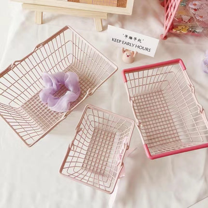 Ins Iron Cute Pink Girl Desktop Storage Basket Mini Trolley Shopping Cart Props Sundries