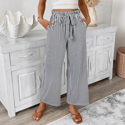 Trendy Striped Casual Pants for Women Versatile Brushed Wide-Leg Pants Casual Pocket Drawstring Long Pants European and American Cross-Border Women's Clothing