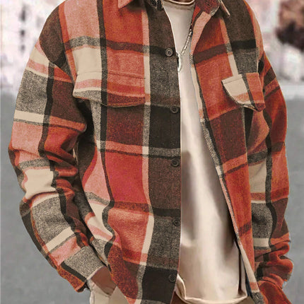 25 Amazon European and American Cross-Border Temu Elegant Lapel Checkered Men's Shirt Retro Brushed Casual Long-Sleeved Jacket