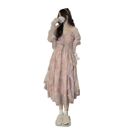 Pink floral gentle style suspender skirt cardigan two-piece set little fairy dress Mori first love skirt suit