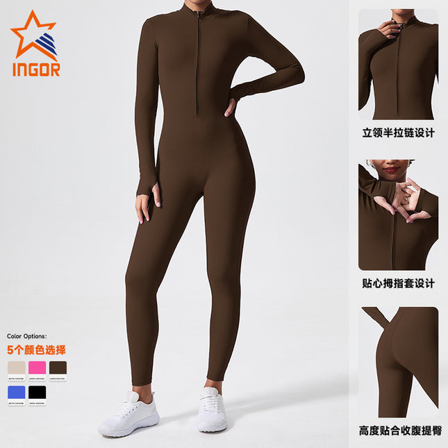 Cross-border long-sleeved outdoor sports jumpsuit fitness suit zipper training tight-fitting hip-lifting sports one-body yoga suit