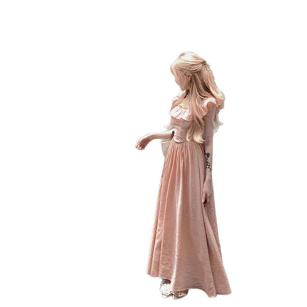 Pink Ruffled Square Collar dress Women's Summer 2025 French Style Small Flying Sleeve Seaside Holiday Beach Midi Dress