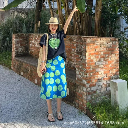 Pure Cotton ~ Spring and Summer New Niche Design Holiday Style A-Line High-Waist Slim Cotton Apple Print Skirt for Women