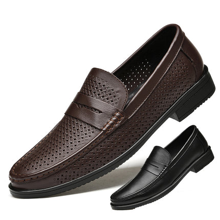 Men's Lefu leather shoes spring and summer low-top slip-on cowhide surface slip-on hollow breathable casual shoes single-layer shoes men's shoes