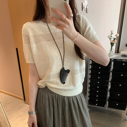 Hollow Chic Splicing Design Round Neck Short-Sleeved T-Shirt for Women 2025 Summer Commuting Versatile Knitwear Top