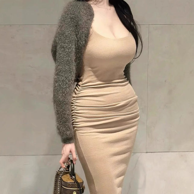 South Korea Dongdaemun Spring and Summer New Elegant Slim-fit Figure Split Hip Tight Mid-length Sling dress