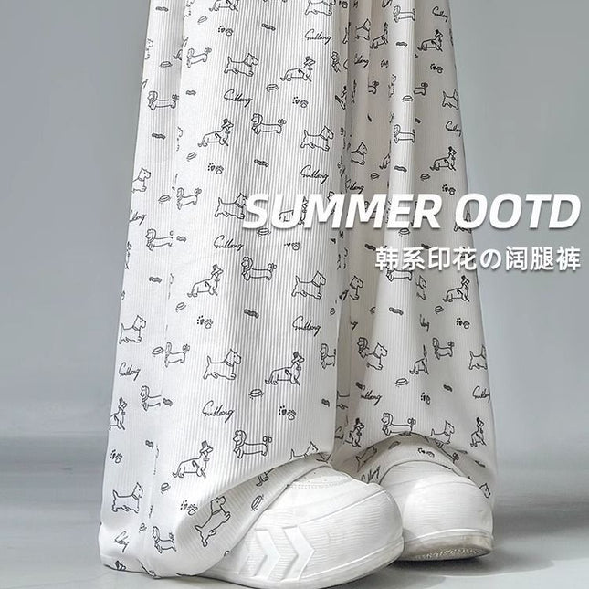 Apricot Puppy Print Ice Silk Wide-Leg Pants for Women Summer High-Waisted Casual Floor-Length Pants Lazy Style Straight Pants
