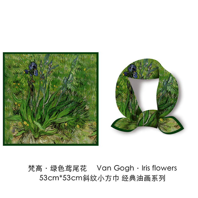 Original Artist Van Gogh Oil Painting Series Green Iris New Style 53 Small Square Scarf Spring & Fall Fashionable High-End