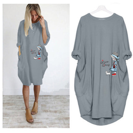 Factory direct sale wish AliExpress foreign trade women's casual loose pocket long sleeve plus size fat sister dress