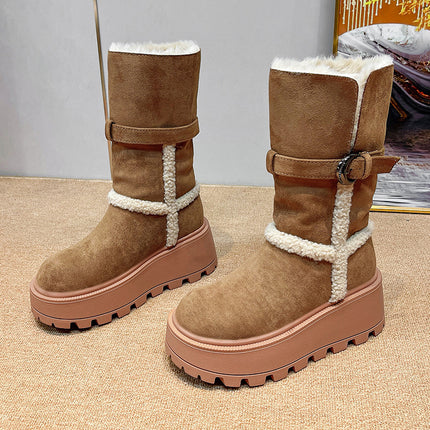 Fur Integrated Snow Boots for Women 2025 New Belt Buckle Thick Heel Thick Sole Fashion Mid-Calf Boots Foldable Two-Wear Women's Boots