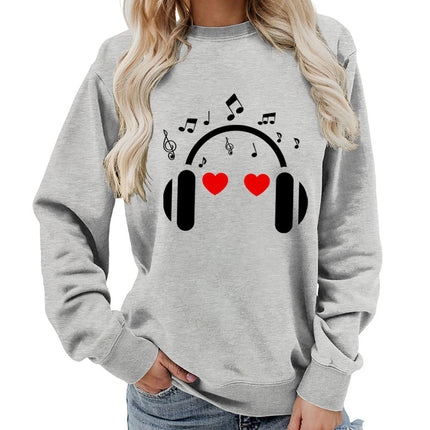 Music Headphones Love Printed Round Neck Women's Top Sweatshirt Foreign Trade Supply Autumn and Winter Coat Casual Loose European Size