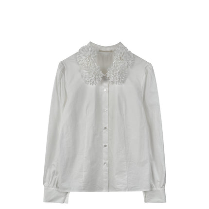 [Order Model]Ovinsyang Flower Ball Collar White Shirt Women's Autumn and Winter Design Niche Long-Sleeved Inner Layering