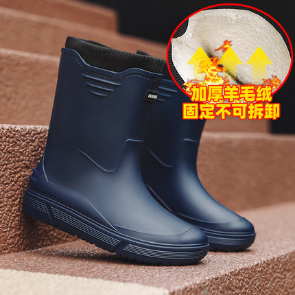 Men's Waterproof Rain Boots with Cuffs, Fishing Water Shoes, Fleece-Lined, Non-Slip Kitchen Work Rubber Shoes, Comfortable Soft-Soled Rain Boots