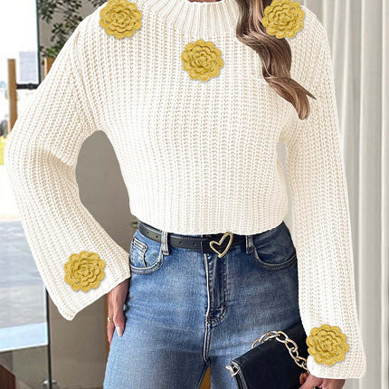 Cross-Border European and American Women's Clothing Hand-Crocheted Splicing Bell-Sleeved Half-Turtleneck Pullover Sweater Women's Short Crop Top Women