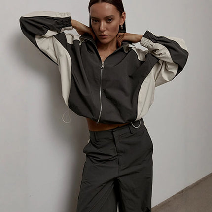 Aliexpress Cross-Border New Casual Women's Fashion Color-Blocking Drawstring Sports Jacket and Pants Set European and American Two-Piece Set