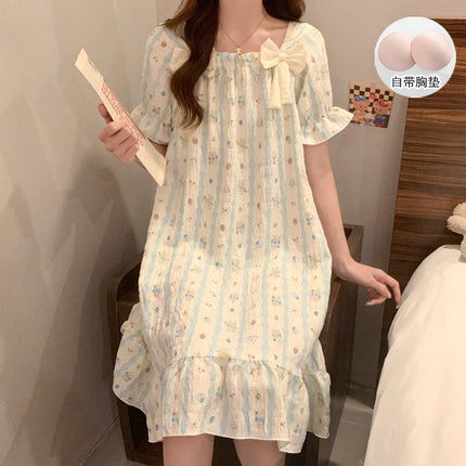 Sweet Bow Square Neck Nightgown with Breast Pad Summer New Cloud Cotton Cartoon Short-Sleeved Princess Style Women's Nightgown