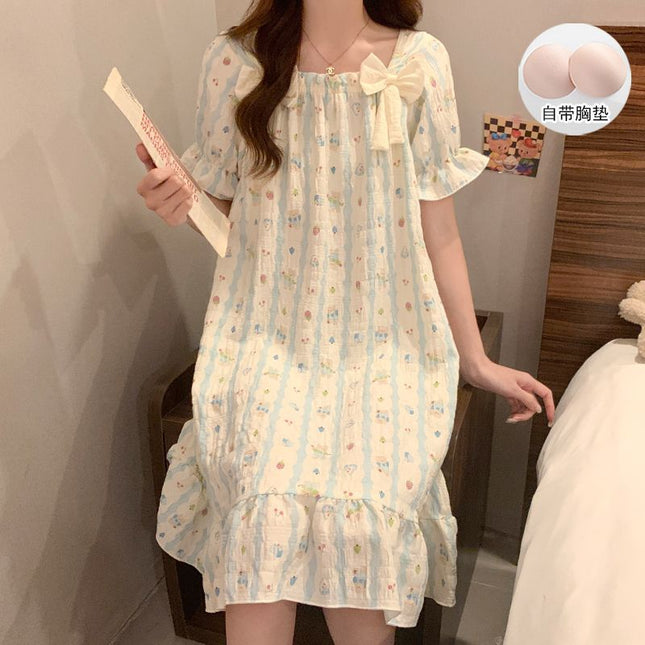 Sweet Bow Square Neck Nightgown with Breast Pad Summer New Cloud Cotton Cartoon Short-Sleeved Princess Style Women's Nightgown
