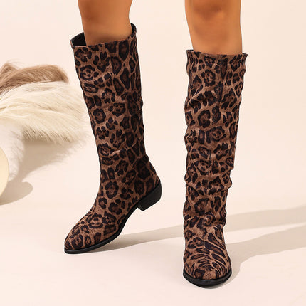 Cross-Border New European and American Style Pleated Pointed Toe Leopard Print High Boots for Women in Autumn Large Size Over-The-Knee Fashion Boots