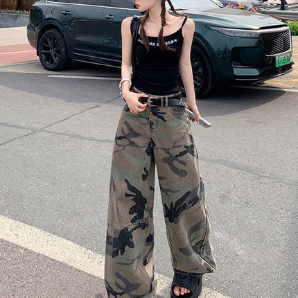 American Retro High Street Straight Washed Distressed Camouflage Jeans Women's High Waist Loose Wide Leg Drape Long Pants